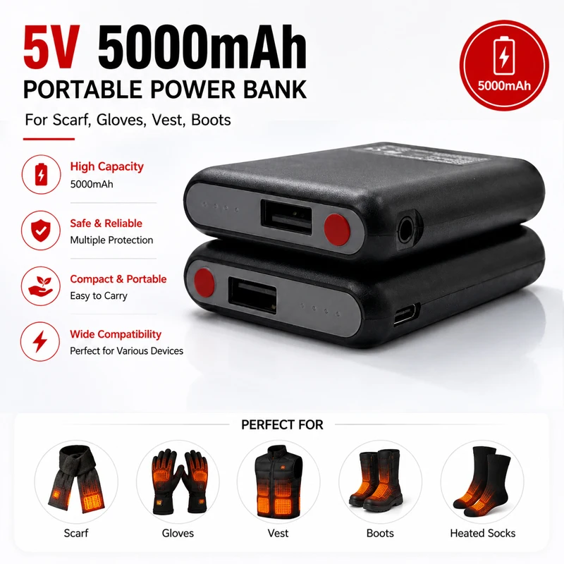 5V 5000mAh Heated Gloves Battery Power Bank Mobile Power Rechargeable for Heating Vest, Heating Socks,Winter Outdoor Batteries