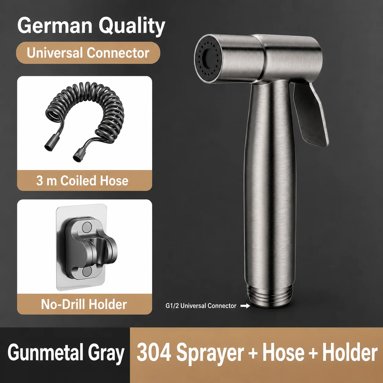 304 Edelstahl Bidet-Sprühgerät Hochdruck-Handbrause Toiletten-Shattaf-Sprühpistole für Badezimmerreinigung und Tierwäsche G1/2 Anschluss