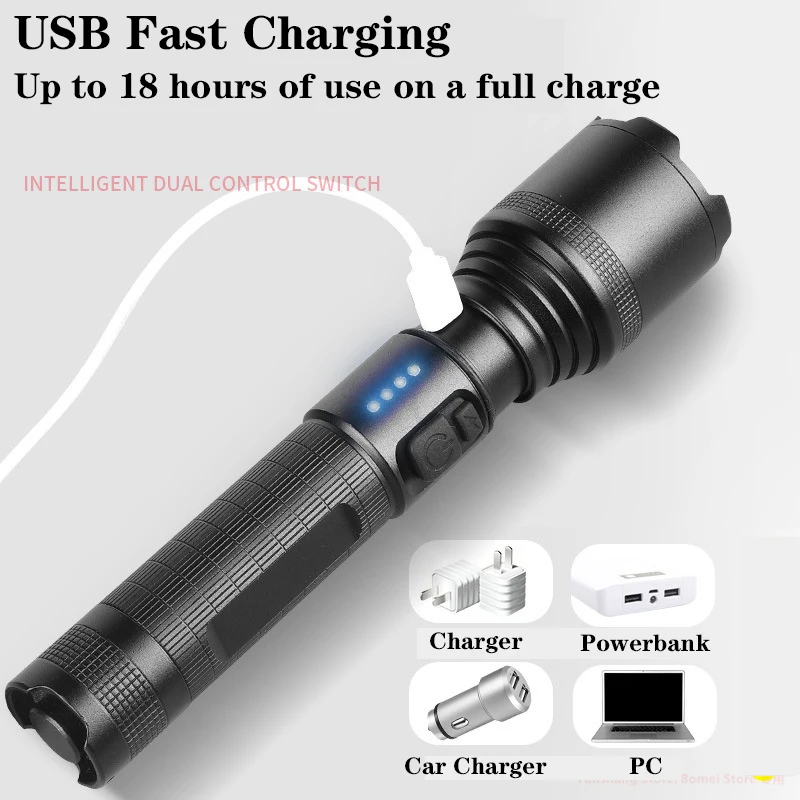 XHP60 Flashlight 18650 Rechargeable Torch USB-C Powerful Tactical Flash Light Zoomable Hunting Lantern Waterproof Hand Lamp