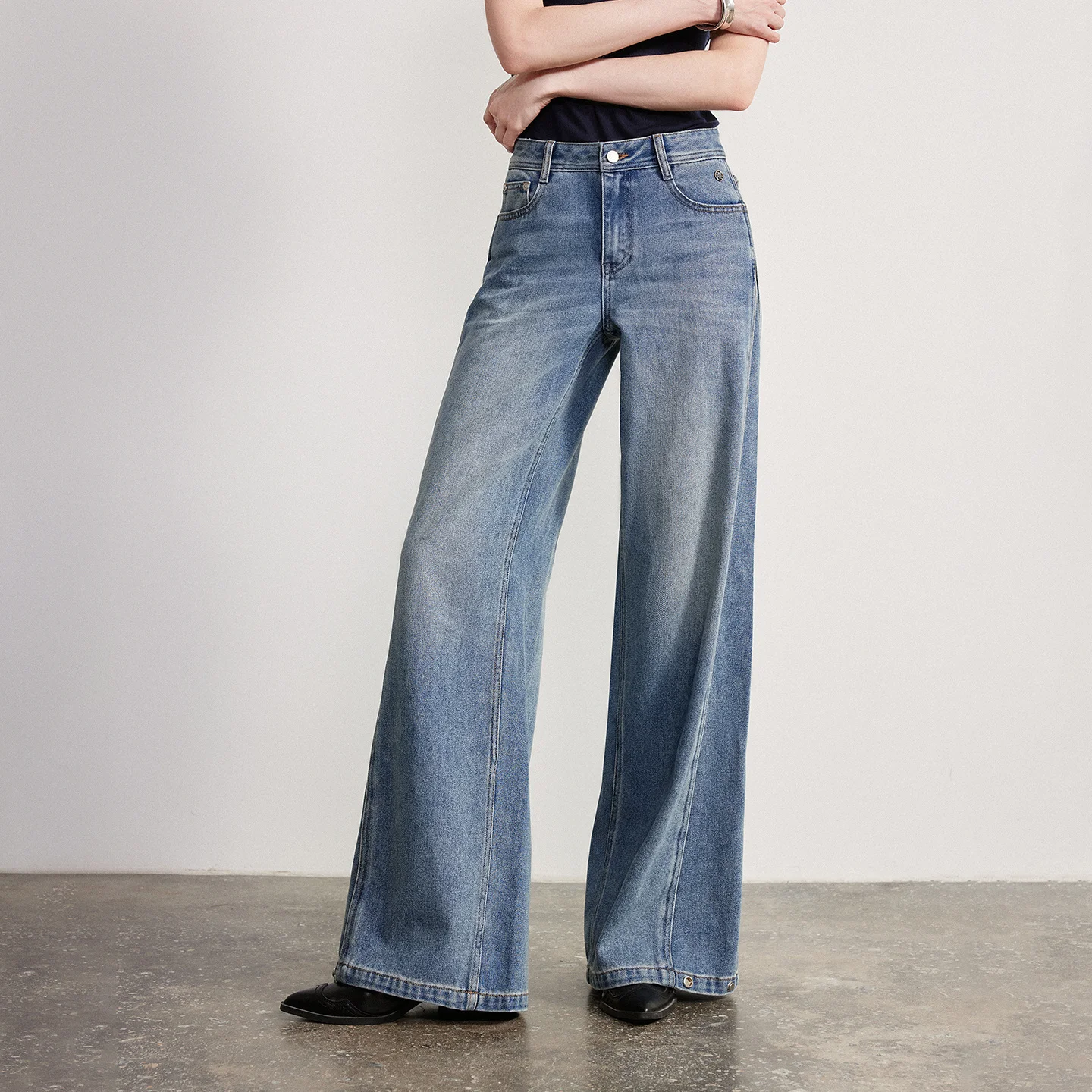 TOYOUTH Women Denim Jeans 2026 Spring New Acetate Curved Knife Wide Leg Pants