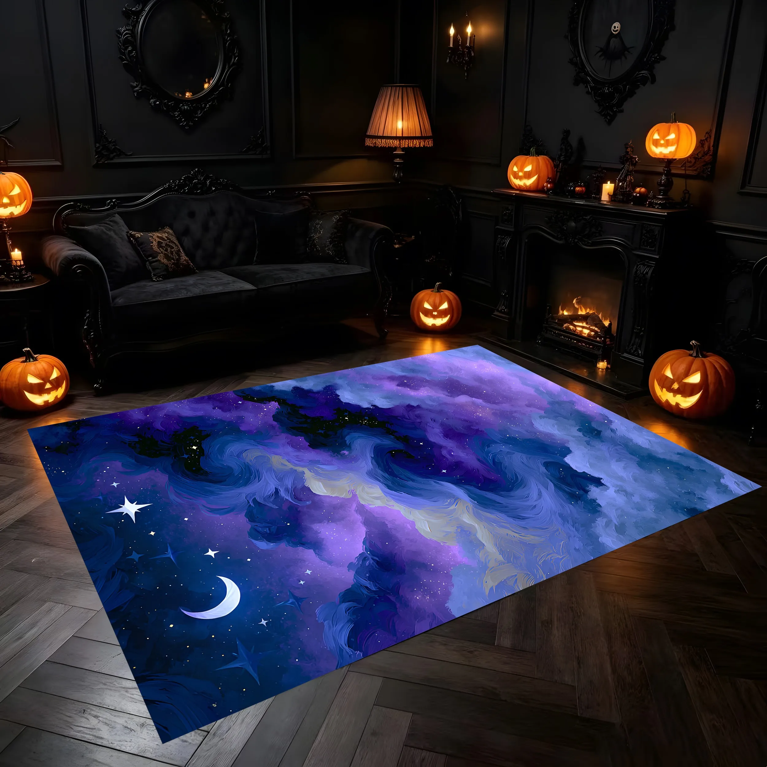 Alfombra de terciopelo, diseño de nebulosa púrpura y azul, con estrellas y luna, estilo onírico y fantasioso, ideal para decorar dormitorios, mesitas de noche, salones y fiestas.