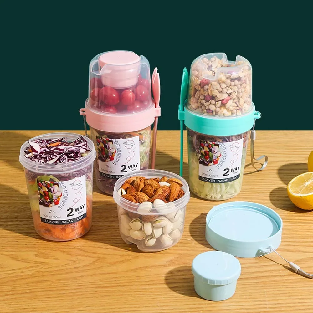 Draagbare Twee Lagen Ontbijtsalade Kopjes Havermout Noten Yoghurt Cup Container Set Met Vork Lunchbox Food Bento Box