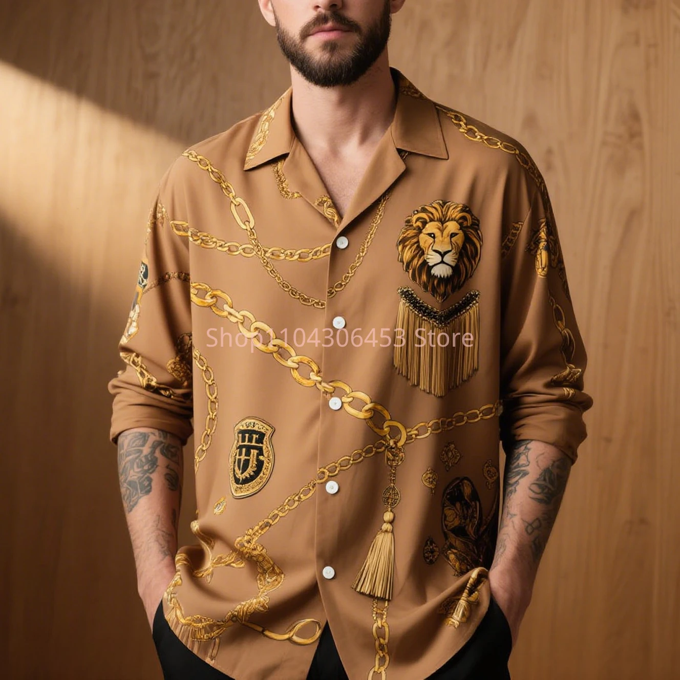 Men's Lion Chain Chain 3D Print Shirt Solid Color Long Sleeve Lapel Retro Business Casual Shirt Hawaii Beach Vacation Wholesale