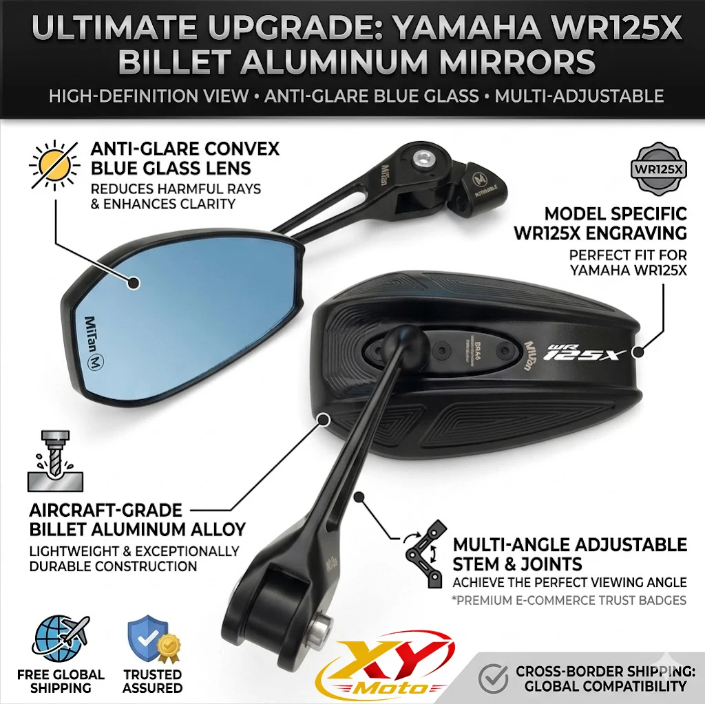 Universal All Metal Motorcycle Rearview Mirrors  Anti-glare Blue Glass Mirror For YAMAHA WR 125X WR 125 X WR125X 2021 2022 2023