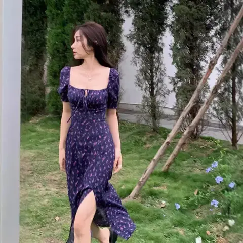 French Hepburn Style Artistic Long Dress Misty Blue Floral Print Square Collar Women's Summer Dress Princess Sleeve Knee-Length