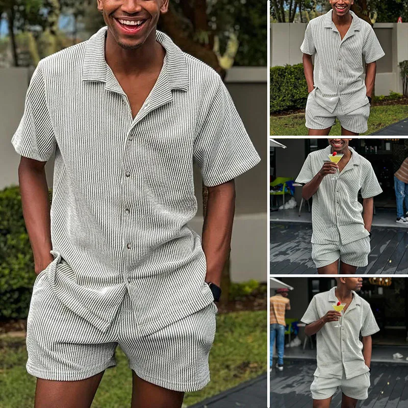 Mens Casual Short Sleeved Striped Set Hawaii Short Sleeved Shorts Two-piece Set for Men