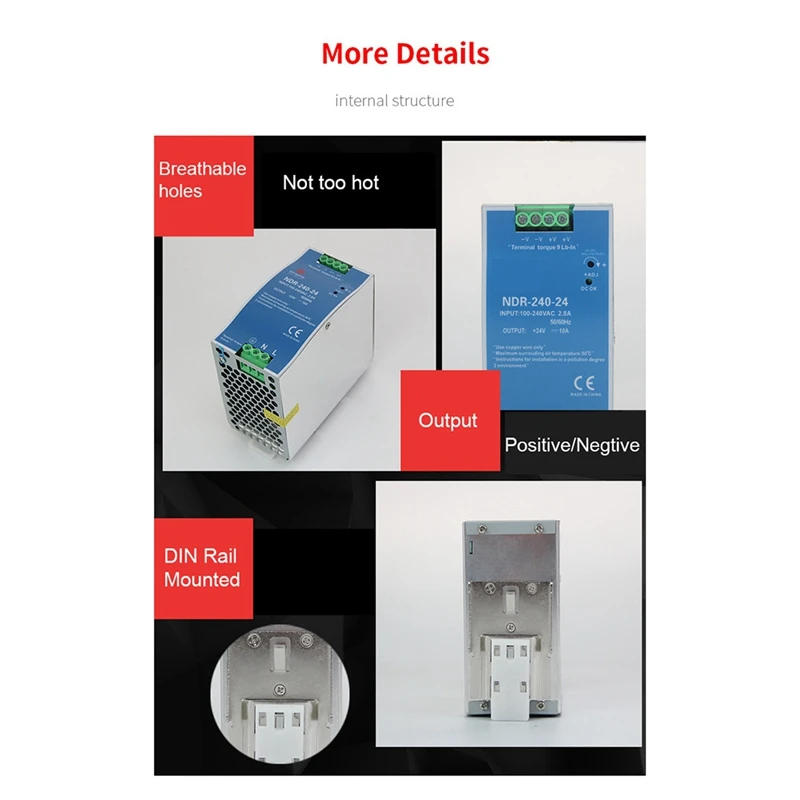 Fuente de alimentación eléctrica para armario, interruptor de Control Industrial, 24V, 10A, NDR-240-24