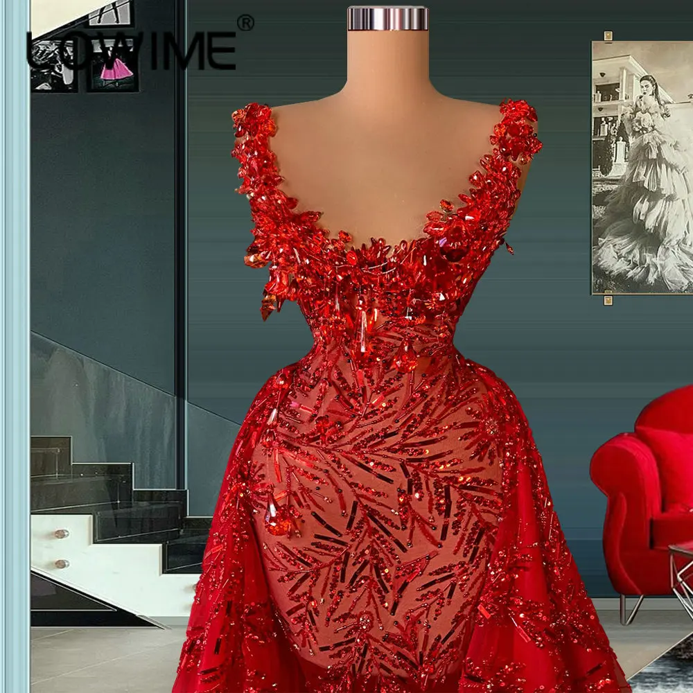 Red Glitter Luxury Evening Dresses with Detachable Train Long Crystals Two Pieces Women Party Dress Sexy Illusion Prom Gown 2022