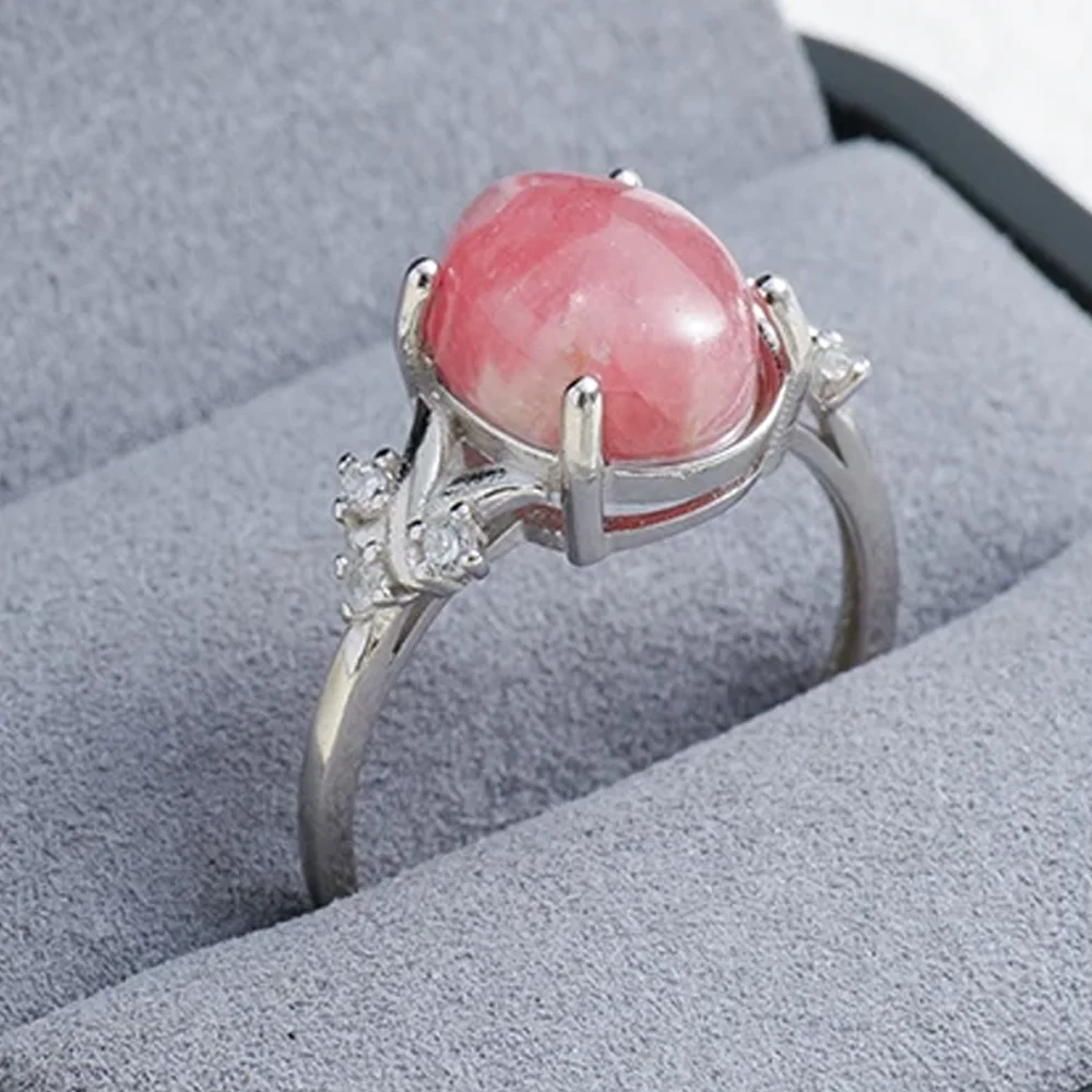 

Natural Rhodochrosite Ring 925 Sterling Silver Jewelry with Zircon Accents Elegant Pink Gemstone Ring for Women Romantic Gift