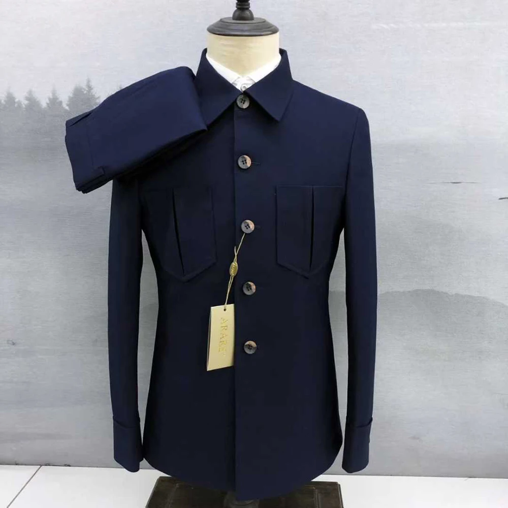 

Fashion Men's Suits Single Breasted Stand Lapel Slim Fit 2 Piece Jacket Pants Set High Quality Male Clothing Costume Homme Terno