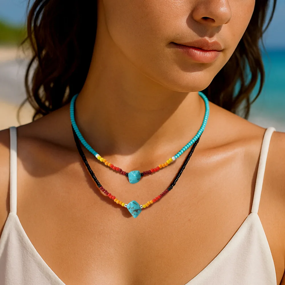 

Bohemia Rice bead necklace Geometry Irregular Turquoise Multicolored Hand-woven Alloy National style Creativity Beaded necklace