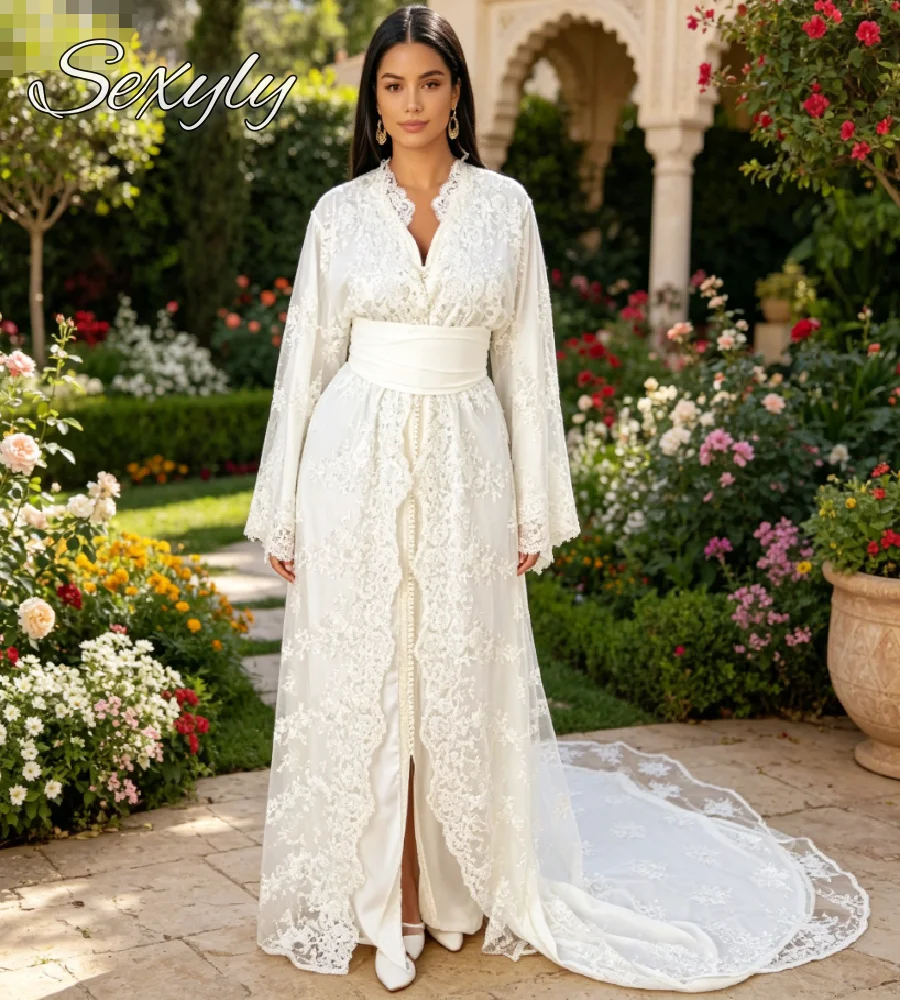 2026 Muslimisches Hochzeitskleid Weißes Spitzenkleid mit Trompetenärmeln Offene Front Bescheidenes Brautkleid Dubai Marokkanischer Kaftan Islamisches Marokkanisches Festkleid