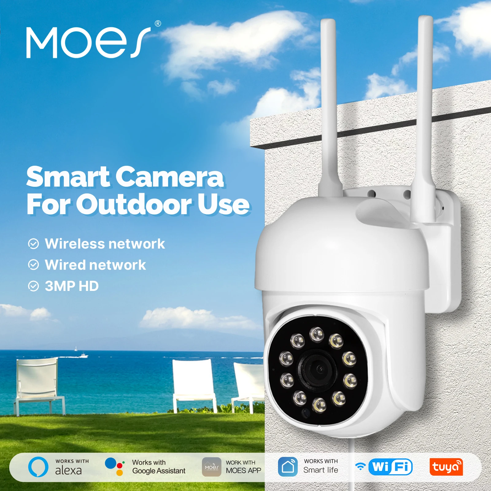 

MOES Tuya WiFi 3MP Smart Security Camera Support Wireless &Wired RJ45 Network IP65 Waterproof Motion Tracking Full Color Night