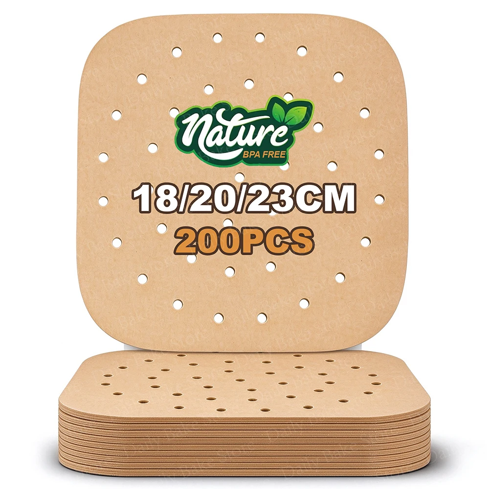 Perforated Air Fryer Parchment Baking Paper as Underlay, 18/20/23cm, Square Non-stick Unbleached Frying Paper Liners With Hole