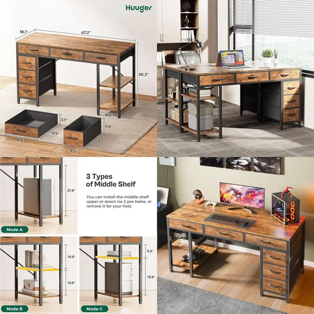 

47 Rustic Brown Corner Desk with 6 Drawers, Storage Shelves, and Reversible Surface for Home Office & Study