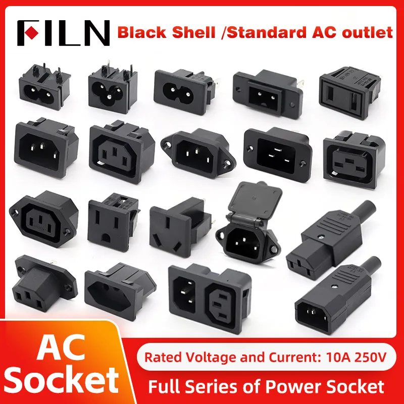 FILN IEC320 3 Pin Red LED 250V Rocker Switch 10A Fuse Female Male Inlet Plug Connector 2 Pin Socket Mount Electrical AC Socket