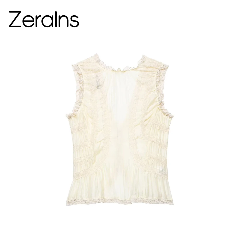 ZERAINS Spring and summer new sweet and spicy girl style semi transparent sleeveless V-neck lace lace vest shirt