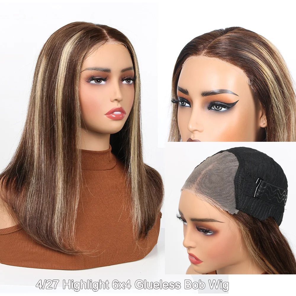 

6x4 Short Bob Glueless Lace Wigs Human Hair Pre Cut Transparent Lace Front Wigs 180% Density Wear Go Short Bob Wigs For Women