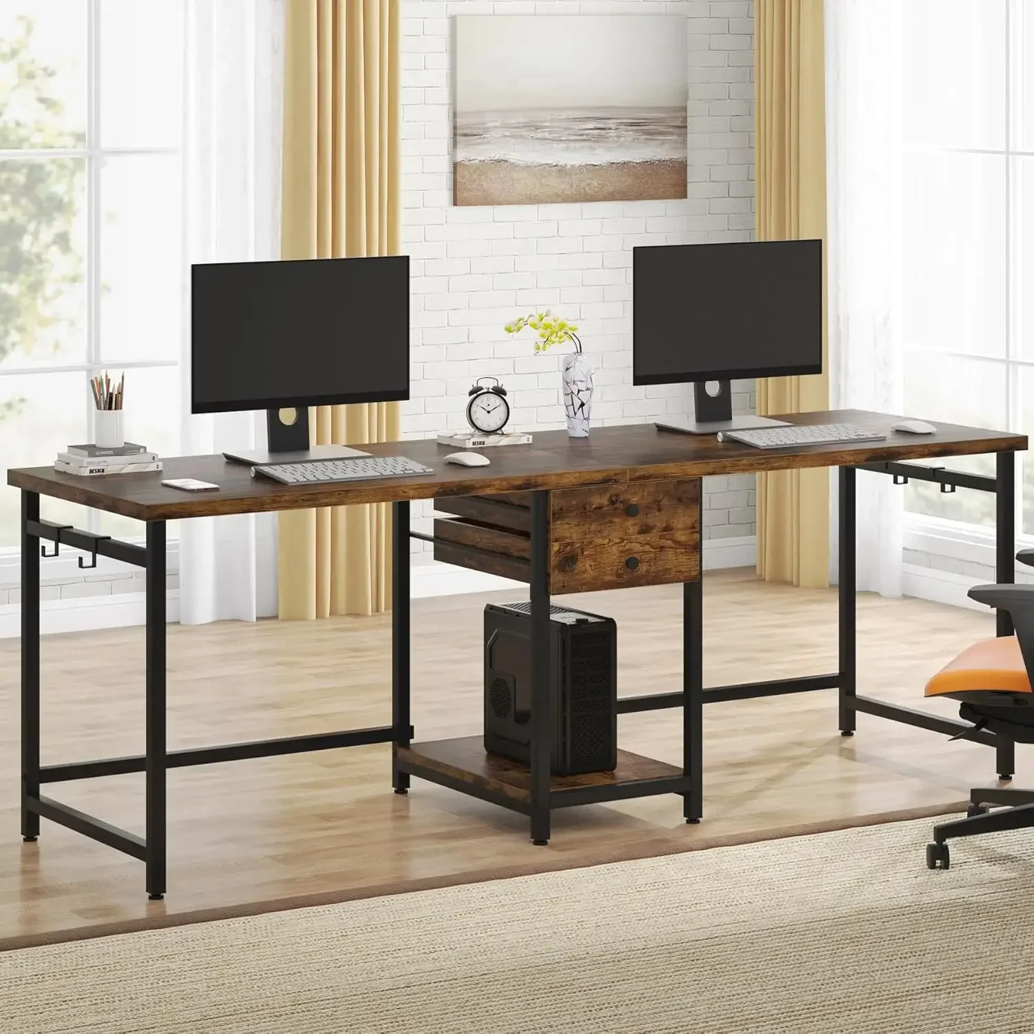 79 Inch Extra Long Desk, Double Desk with 2 Drawers, Two Person Desk Long Computer Desk with Storage Shelves, White