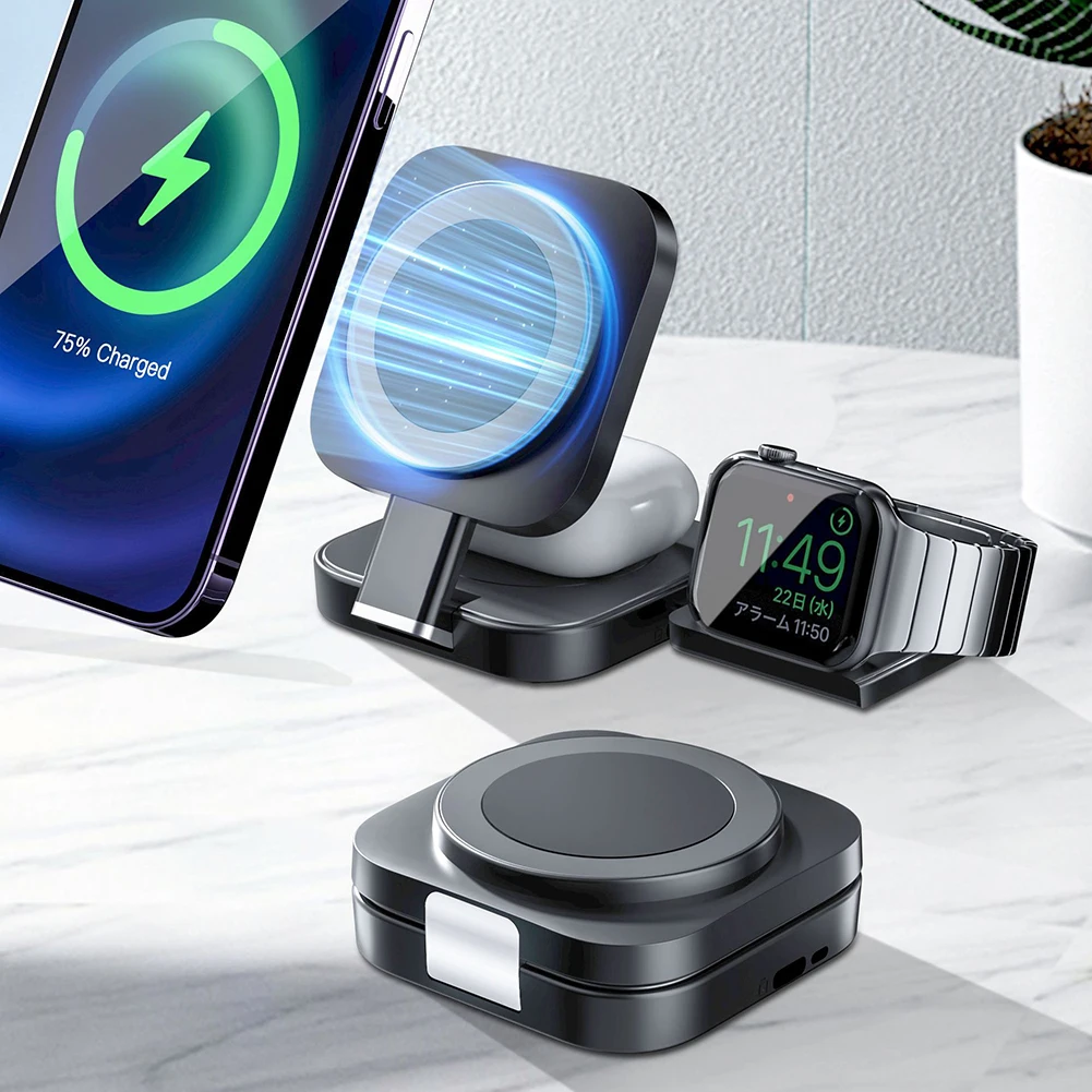 3 In 1 Magnetic Wireless Charger Stand For Macsafe iPhone 15 14 13 12 IWatch 8 7 6 AirPods Foldable Fast Charging Station Holder