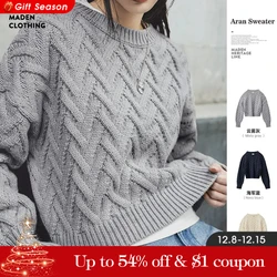 MADEN Women Aran Sweater 2024 NEW Autumn Winter Long Sleeve Crew Neck Warm Knitwear Casual Undershirt Thick Pullover Sweater