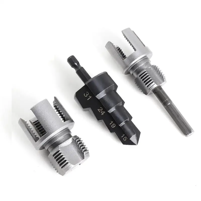 

ABVJ-3Pcs PVC Pipe Threading Tool Kit, Includes 1/2" & 3/4" Internal/External Thread Cutters, Reamer And Step Drill Bit