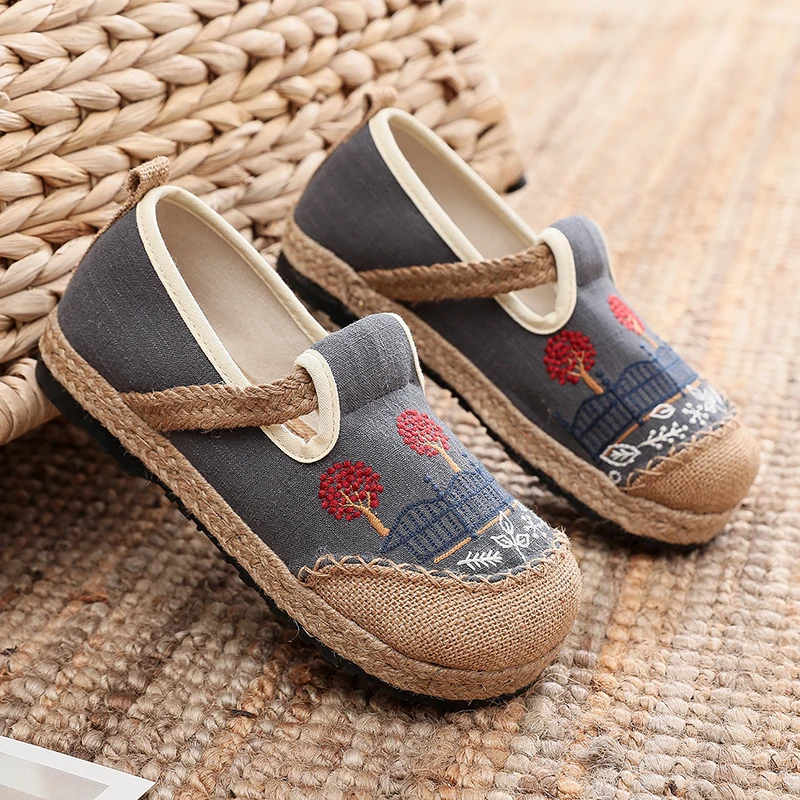 Veowalk Trees Embroidered Women Handmade Linen Cotton Slip On Espadrilles Flat Shoes Vegan Comfortable Loafers for walking