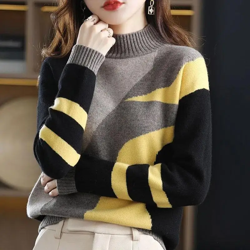 Autumn Winter Turtleneck Vintage Knitted Pullovers Sweater Woman Fashion Panelled Y2K Geometric Long Sleeve Loose Casual Jumpers