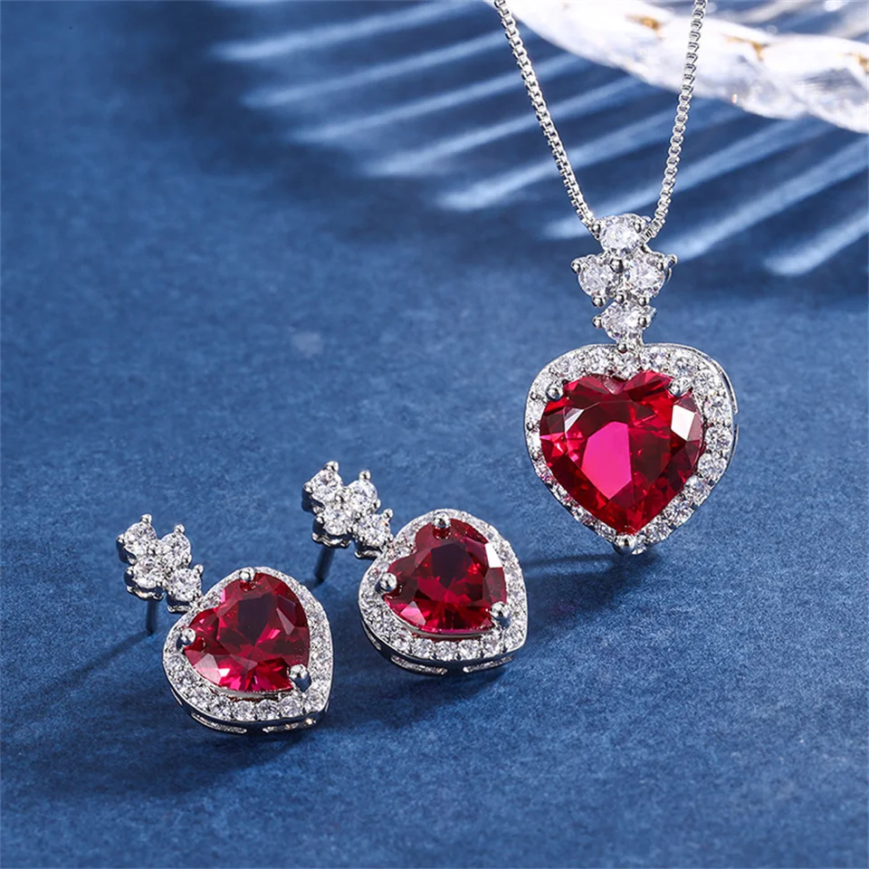 

Diamond Jewelry Set Heart-shaped Ruby Stainless Steel Earrings Necklace Main Stone 12*13 Fashion Luxury Stainless Steel Necklace