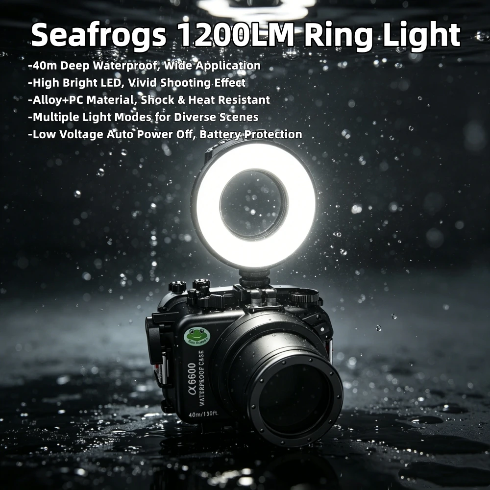Seafrogs Underwater Flash Light with 67mm for Sony Olympus TG5/TG4/TG6 Threaded 1200LM Ring Light with USB Charge Macro Lamp