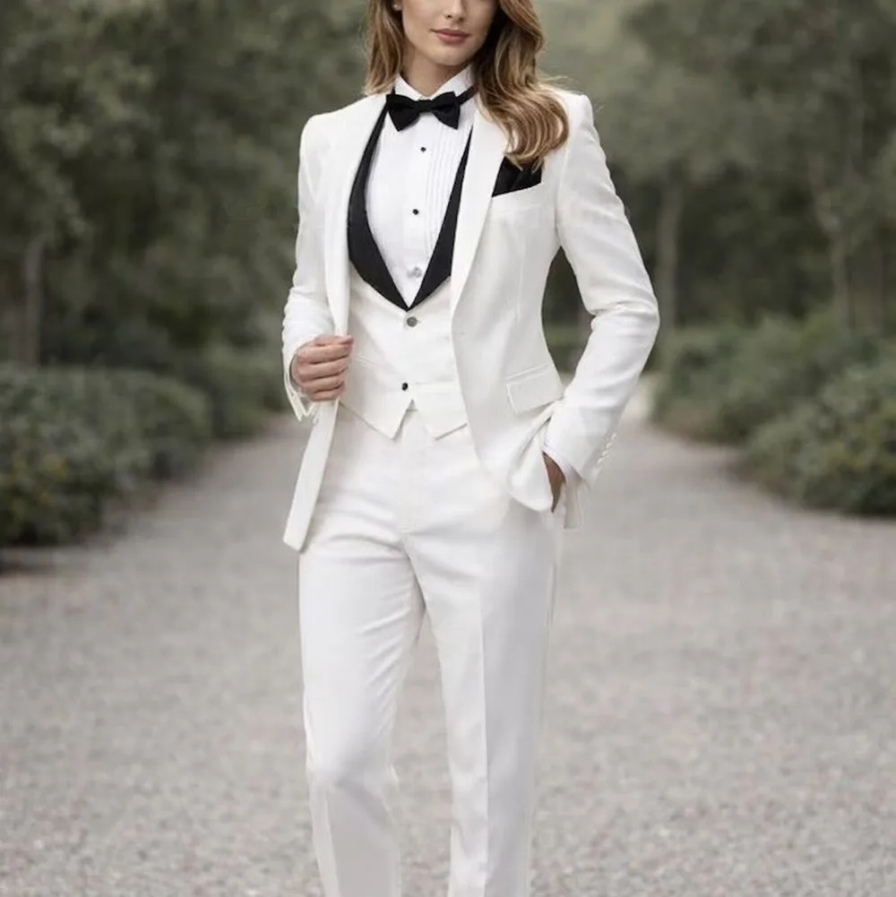 White And Black Formal Business Women Suit Wedding Party Prom Ladies Mother Girl Tuxedos Costume 3 Piece Set Blazer Vest Pant