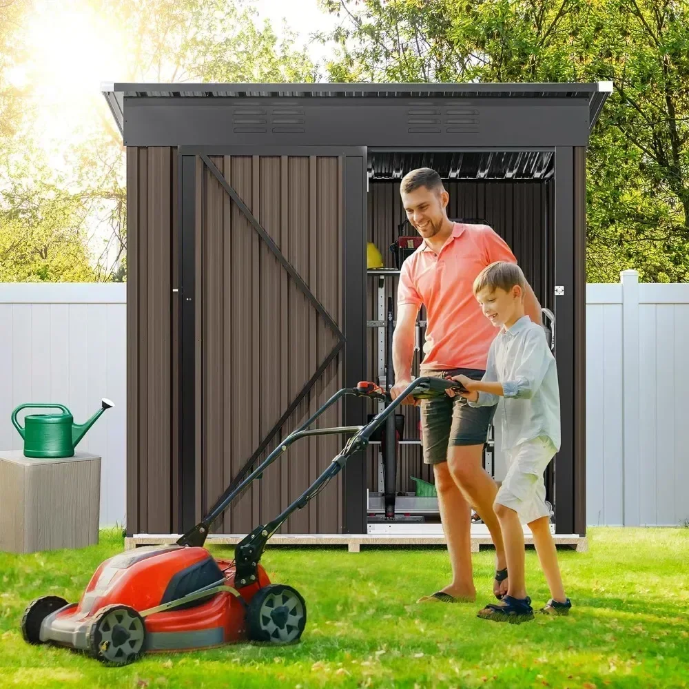 Outdoor Storage Shed Brown Heavy Duty Metal Tool Shed Storage Room With Single Lock Door and Vent for Garden Warehouse Buildings