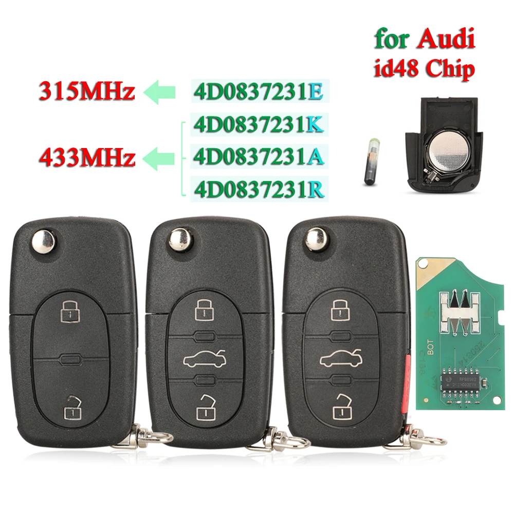 Chip de Chave Remota Jingyuqin-Flip, ID48, Audi A3, A4, A6, A8, TT, RS4, Quattro, Modelos Antigos, Antigo, 2, 3, 4, 41, 315MHz, 433MHz, 4D0, 837, 231 E, K, A, R