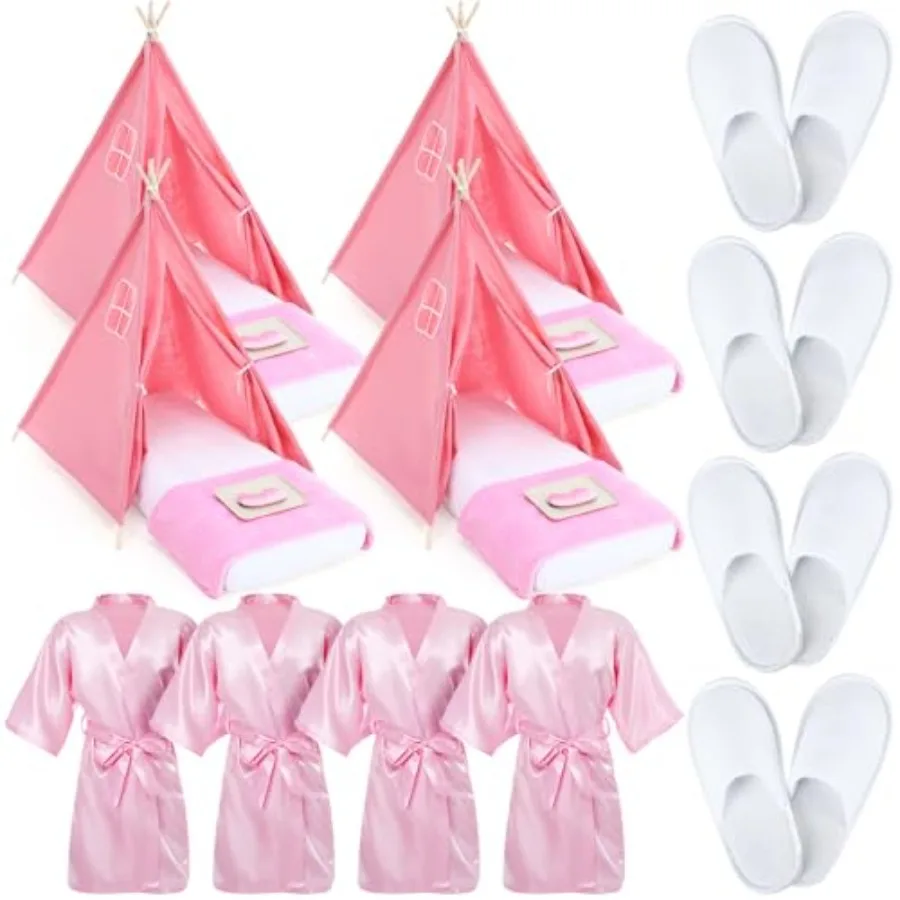 Juego de 4 pijamas para niñas, Kit de tienda tipi, cama inflable, sábana ajustable, bata tipo kimono de satén rosa, parasol, zapatilla, lavado de juegos