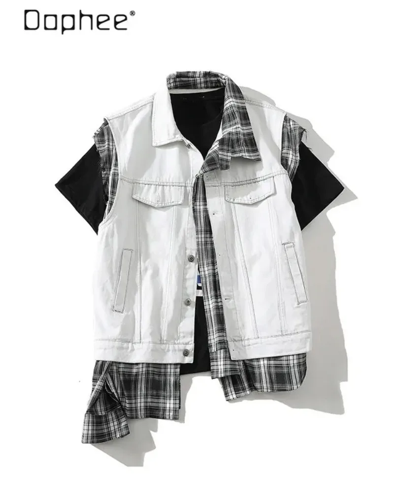 2026 Spring American Highstreet Irregular Fake Two Piece Plaid Patchwork Vintage Denim Vests For Men's Loose Sleeveless Coats