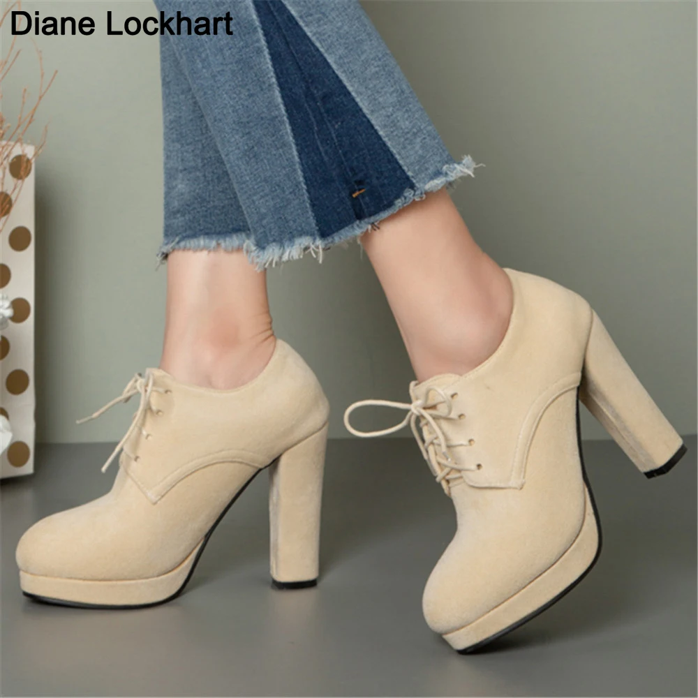 Spring Autumn lace up Shoes Sexy Female Round Toe High Heels Thick Heels Casual High-heeled Platform Pumps Femeninos Tacones 42