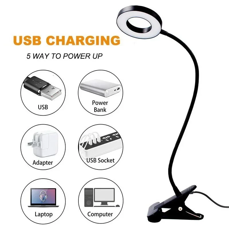 USB Luzes de leitura LED, flexível Gooseneck, Dimmable Table Lamp, Clip On, interior, quarto, proteção para os olhos, Desk Light, Book Clamp Lamp