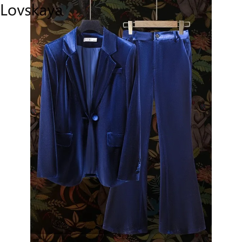 Green Wine Blue Women Pant Suit Ladies Long Sleeve Formal Blazer Jacket And Trouser Autumn Winter 2 Piece Set