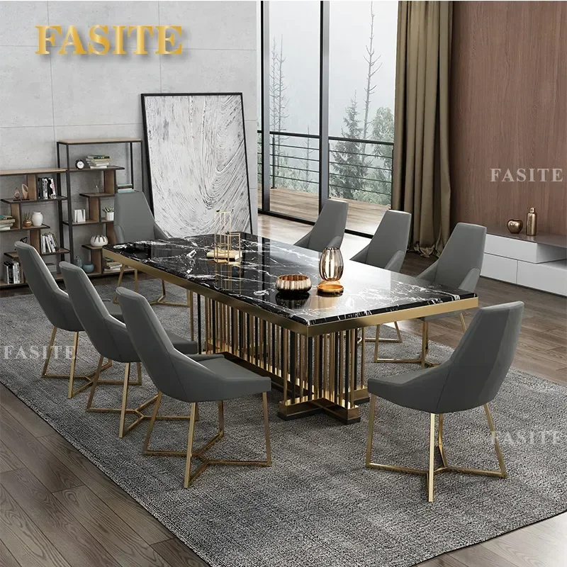 For Large Apartment Light Luxury Post Modern Marble Dining Table Neoclassical Simple Rectangular Stainless Steel Base