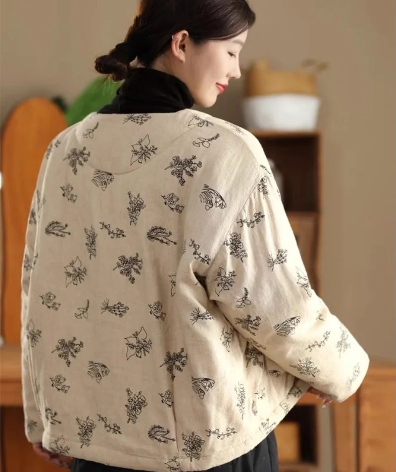 Embroidery Linen Cotton Coat For Women Autumn Winter 2026 Thick Buckle Retro Warm Quilted Jacket Casual Floral Top W1317