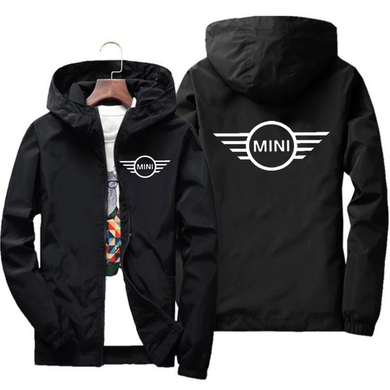 Jaqueta bomber com capuz masculina estampa Mini Cooper mais recente quebra-vento casual Xipper moda carro primavera e outono