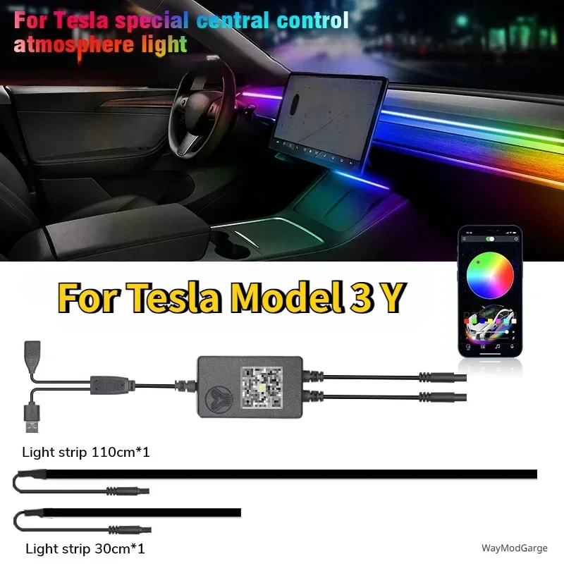 Instrument Panel Ambient Light for Tesla Model 3 Y Wireless Charging LED Atmosphere Light APP Control LED Strips Neon Lighting