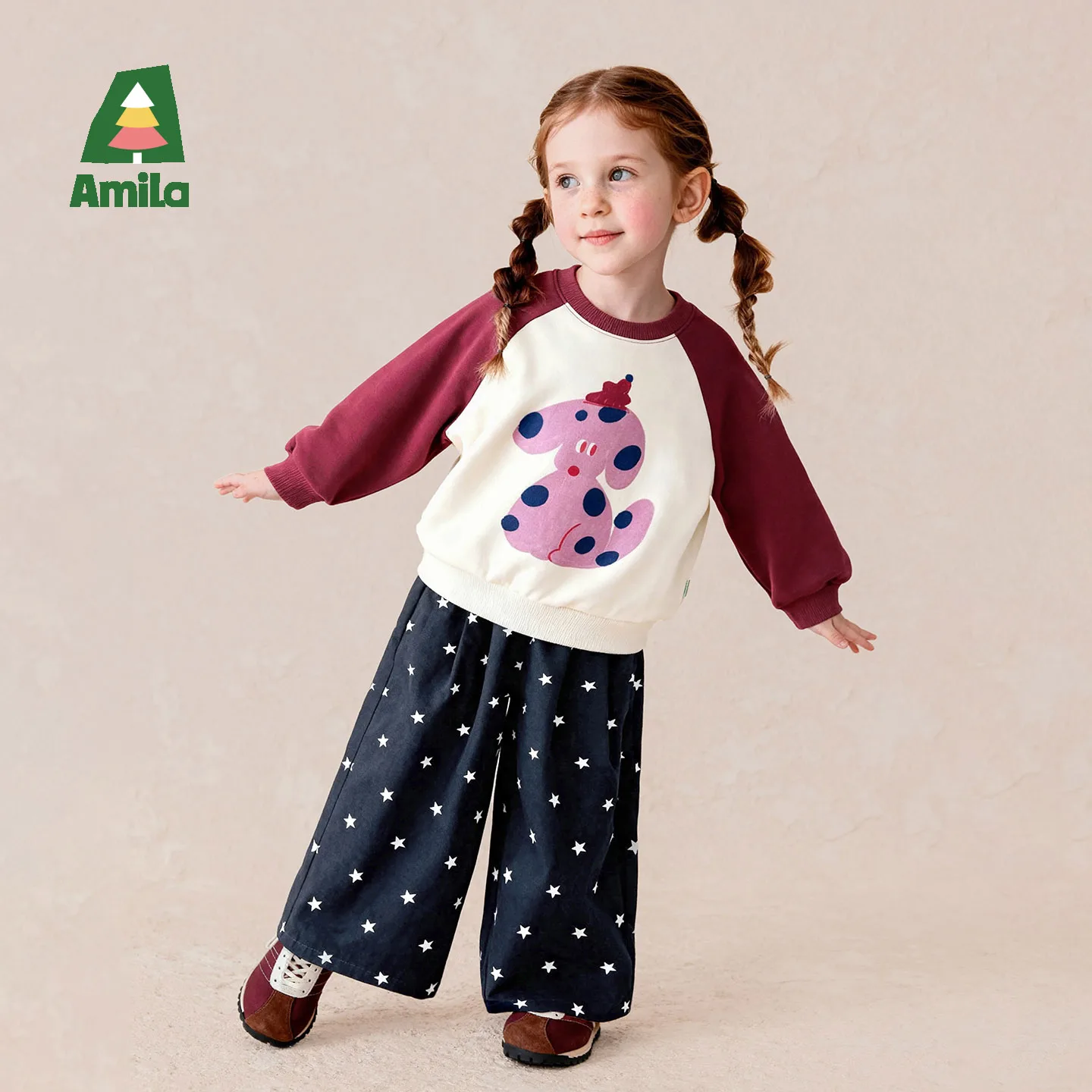 Amila 2026 Autumn New Kids Casual Long Pants All Over Print Loose Straight Wide Leg American Style Daily Versatile Pants