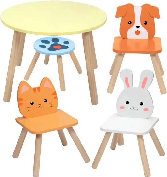 Kids Wooden Animal Table & Chair Set W 4 Seats- Puppy Kitten Bunny Plus Adult Stool For Arts Crafts, Dining, Pretend Play-