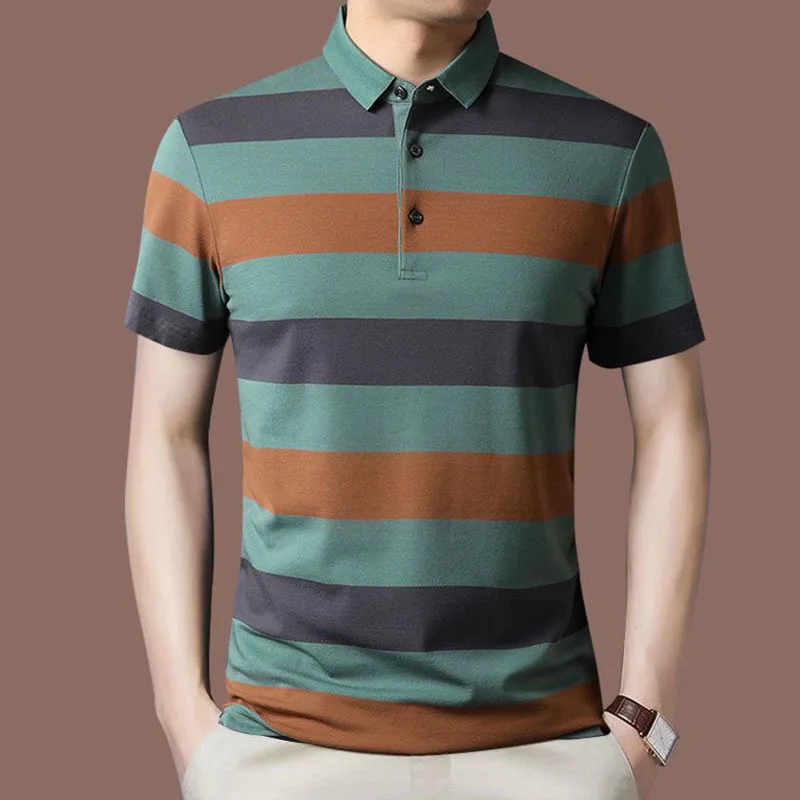 Fashion Men Summer New Striped Polo Shirts Short Sleeve Button Knit Lapel Pullover Business Casual Men\'s Loose Clothing Top 2022