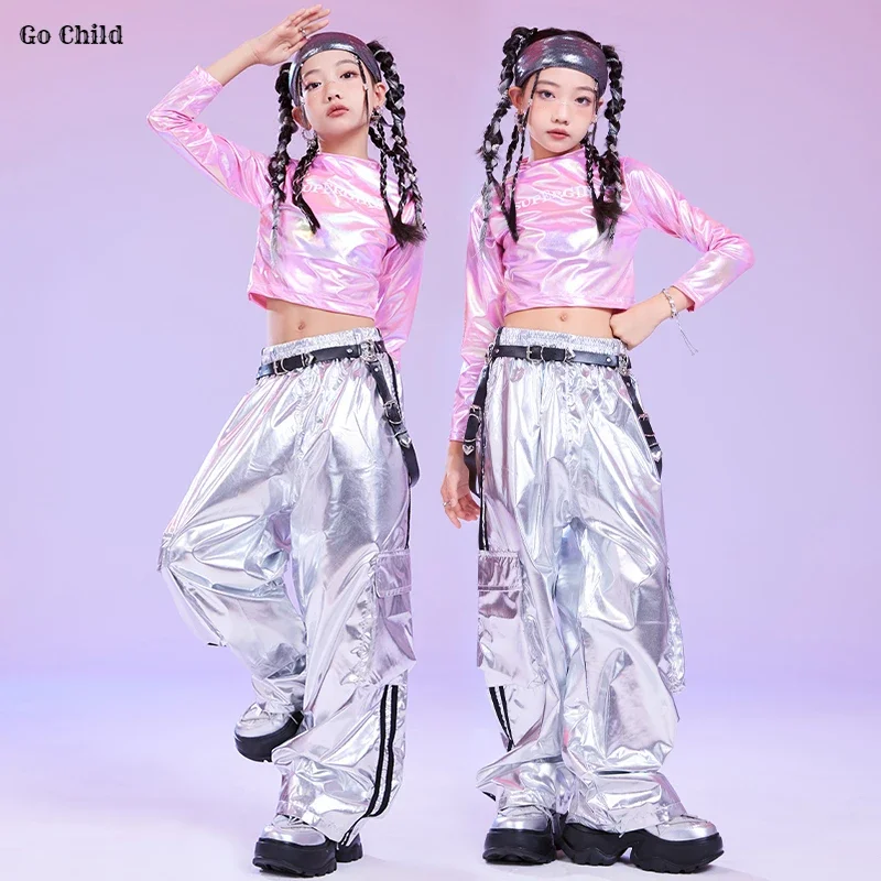 Girls K-pop Laser Crop Top Street Dance Silver Cargo Pants Hip Hop Shorts Shiny Clothes Sets Kids Jazz Costumes Child Streetwear