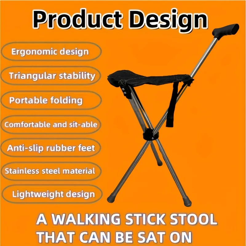 2-in-1 Foldable Travel Walking Stick And Stool 330.01 Lbs Bearing with Locking Mechanism - Portable Support And Seating Solution