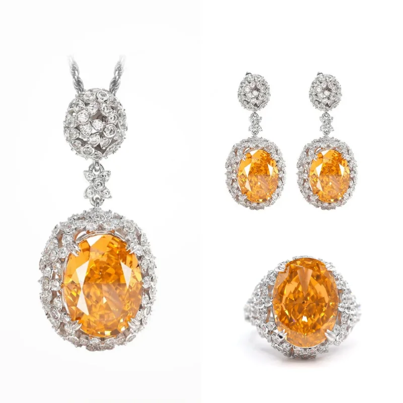 BELLUX 925 Silver Synthetic Zircon Orange Fenda Stone Pigeon Egg Size Ring Pendant Earrings Jewelry Set