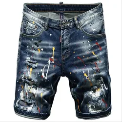 Short en jean bleu pour hommes, short en jean, trous, peinture, streetwear décontracté, haute qualité, coupe couvertes, commandé, 38