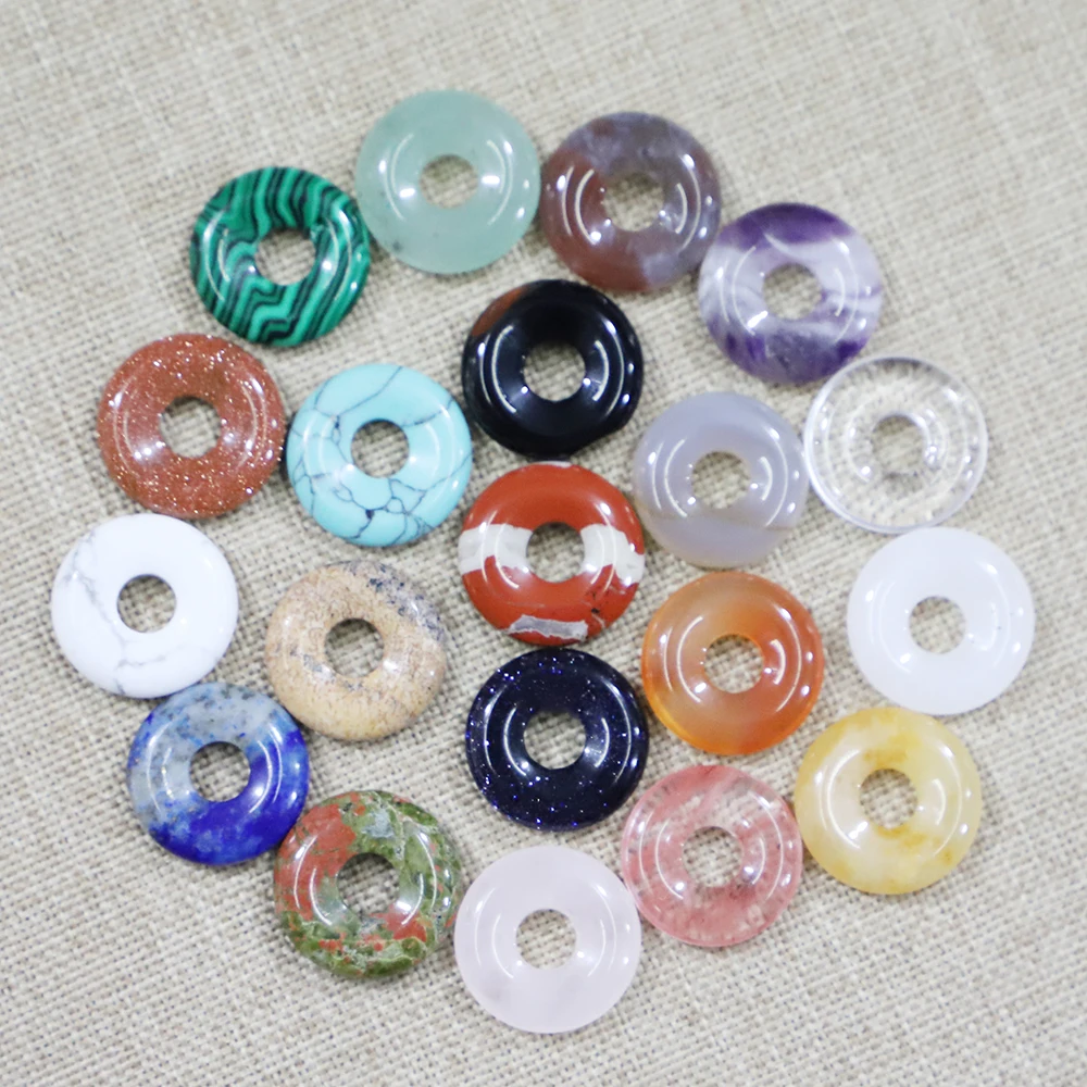 12pcs/lot 18MM New Natural Stone Safety Button Pendants Quartz Crystal Amethyst Donut Charms Diy Jewelry Necklace Accessories